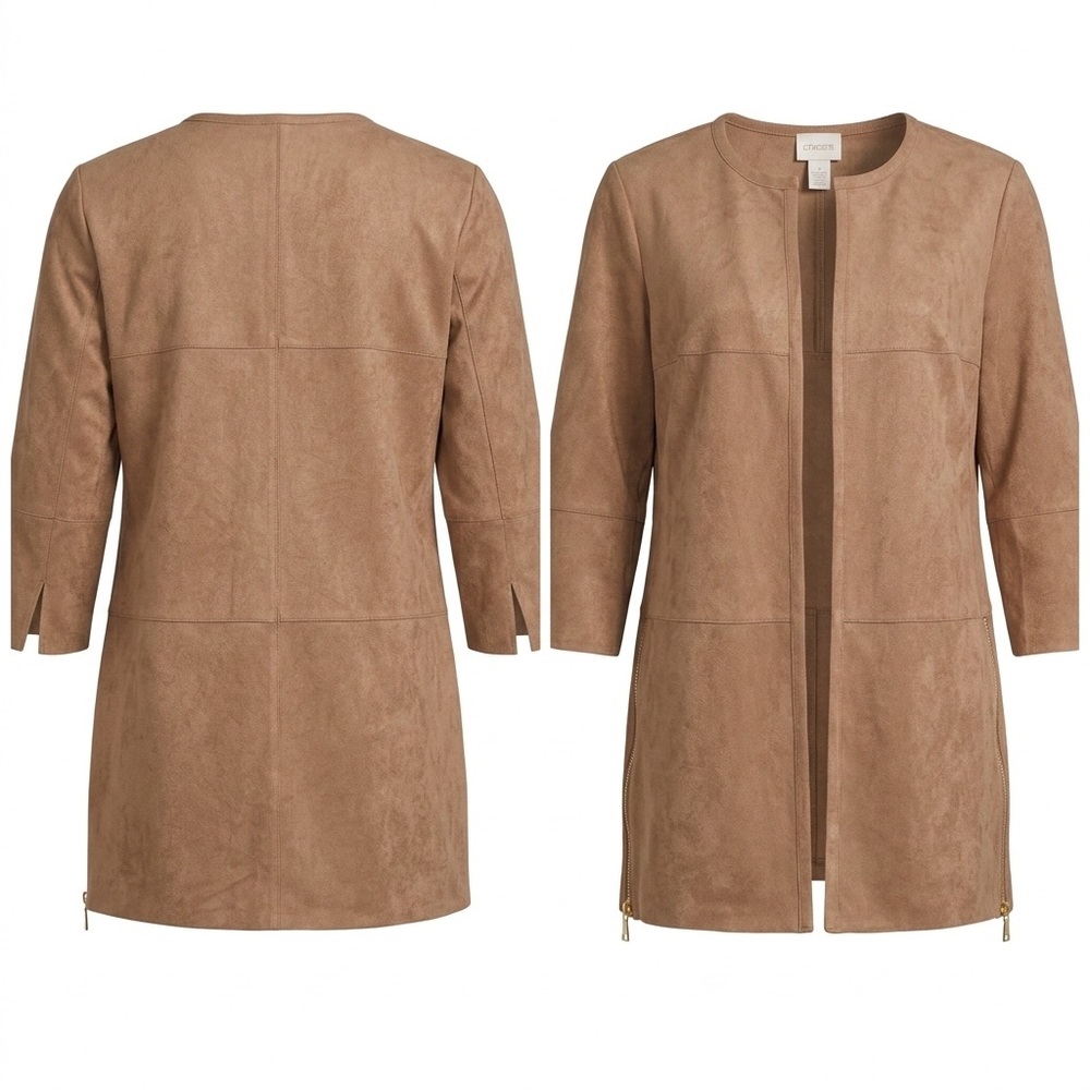 Chico’s Faux Suede Longline Jacket Zip Accents Tan Size 1P (M)